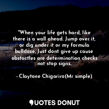 "When your life gets hard, like there is a wall ahead. Jump over it, or dig under it or my formula bulldoze. Just dont give up cause obstactles are determination checks not stop signs.