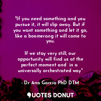 "If you need something and you pursue it, it will slip away. But if you want something and let it go, like a boomerang it will come to you.

If we stay very still, our opportunity will find us at the perfect moment and  in a  universally orchestrated way"