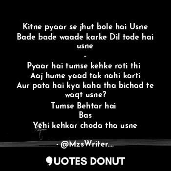 Kitne pyaar se jhut bole hai Usne
Bade bade waade karke Dil tode hai usne
..
Pyaar hai tumse kehke roti thi 
Aaj hume yaad tak nahi karti
Aur pata hai kya kaha tha bichad te waqt usne?
Tumse Behtar hai 
Bas
Yehi kehkar choda tha usne