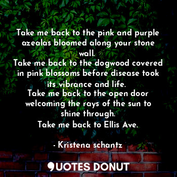  Take me back to the pink and purple azealas bloomed along your stone wall. 
Take... - Kristena Schantz - Quotes Donut