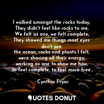  I walked amongst the rocks today,
They didn't feel like rocks to me,
We felt as ... - Cynthia Fryar - Quotes Donut