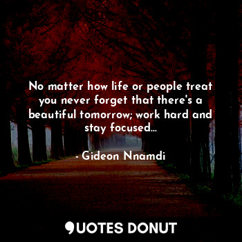 No matter how life or people treat you never forget that there's a beautiful tomorrow; work hard and stay focused...