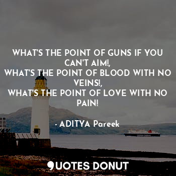  WHAT'S THE POINT OF GUNS IF YOU CAN'T AIM!,
WHAT'S THE POINT OF BLOOD WITH NO VE... - ADITYA Pareek - Quotes Donut