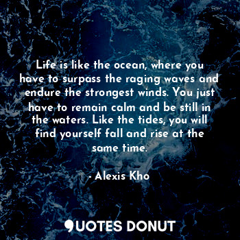 Life is like the ocean, where you have to surpass the raging waves and endure the strongest winds. You just have to remain calm and be still in the waters. Like the tides, you will find yourself fall and rise at the same time.