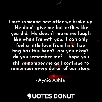 I met someone new after we broke up.  He didn't give me butterflies like you did.  He doesn't make me laugh like when I'm with you.  I can only feel a little love from him.  how long has this been?  are you okay?  do you remember me?  I hope you still remember me as I continue to remember every detail of our story.